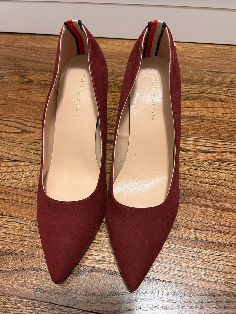 Tommy Hilfiger Burgundy Suede Pointed Block Heel Pumps with Flag Detail